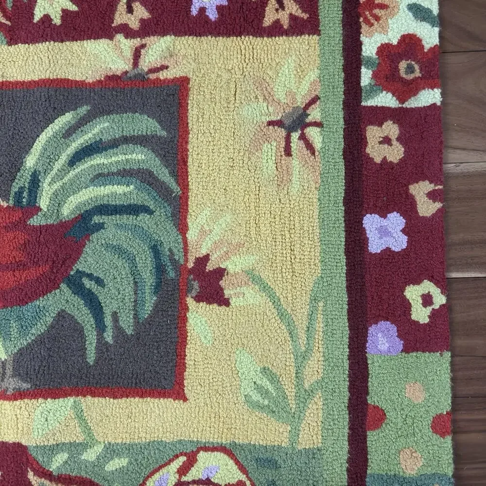 Handmade Hooked Rooster Rug Kitchen Entry Door Mat Centerpiece Farm Country Red